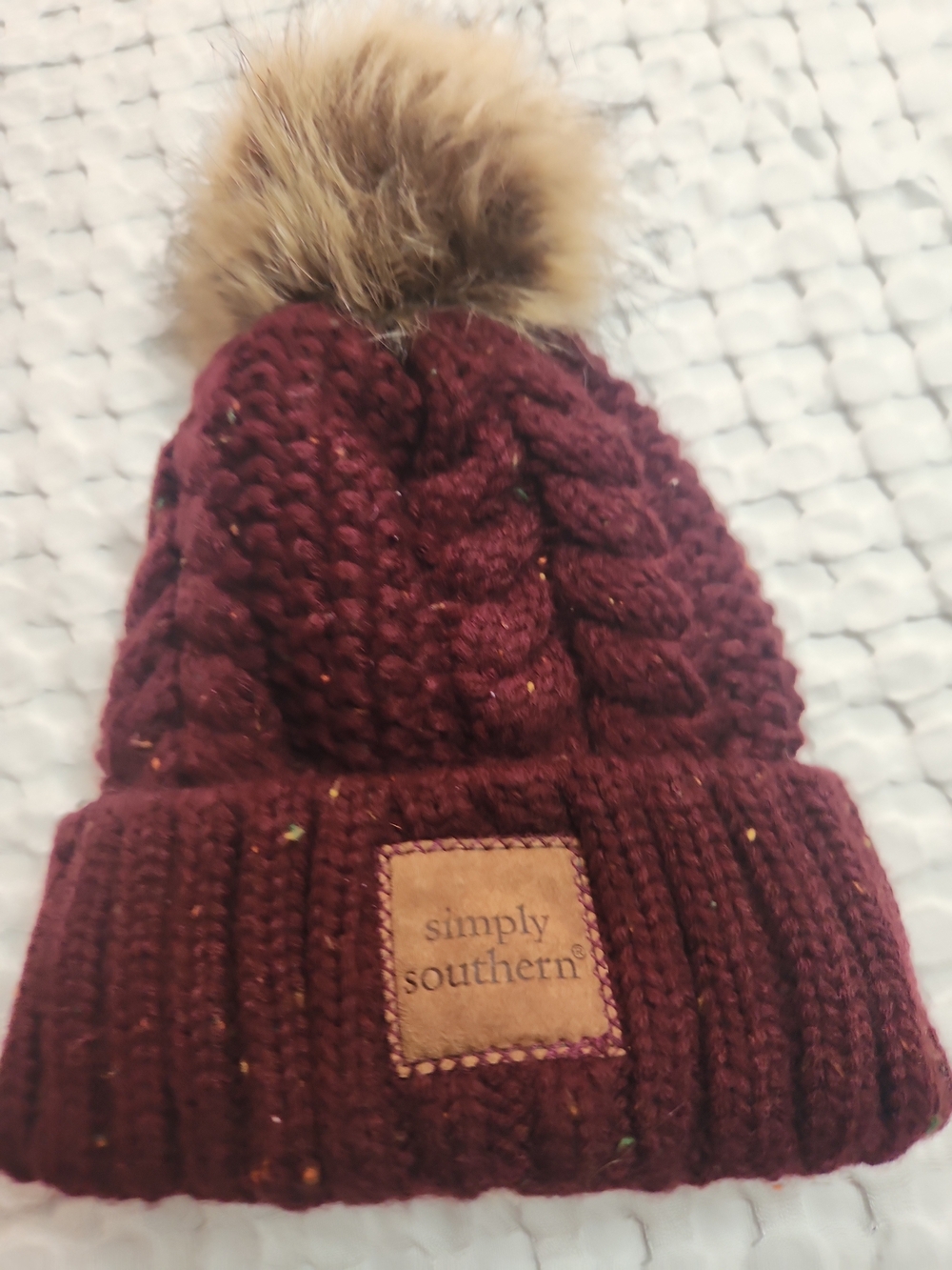Simply Southern Maroon Cable Knit Pom Beanie with Faux Fur Pom